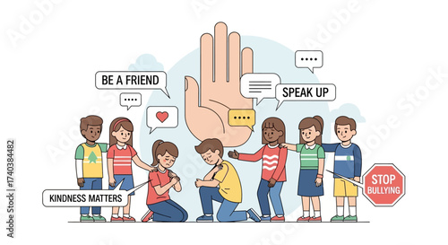 Anti bullying campaign for school poster flat vector template. Brochure, booklet one page concept design with cartoon characters. Teen harassment prevention flyer, leaflet with copy space
