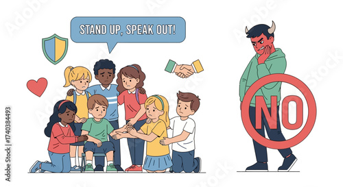 Anti bullying campaign for school poster flat vector template. Brochure, booklet one page concept design with cartoon characters. Teen harassment prevention flyer, leaflet with copy space