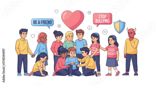 Anti bullying campaign for school poster flat vector template. Brochure, booklet one page concept design with cartoon characters. Teen harassment prevention flyer, leaflet with copy space