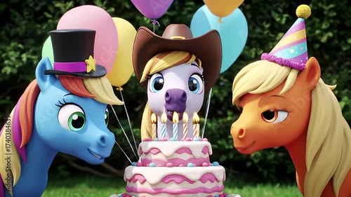 Animated Ponies Celebrating a Birthday with Cake Candles and Balloons Outdoors in a Cheerful Atmosphere