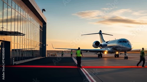 Airplane at Sunset on Airport Runway Reflecting Golden Hour Light with Silhouetted Figures