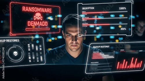Man Focused On Computer Screen Displaying Ransomware Threat in Dark Environment with Red and Blue Neon Elements
