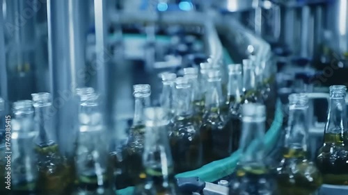 Bottles Filling On Production Line Industrial Plant Automated Process Manufacturing Background
