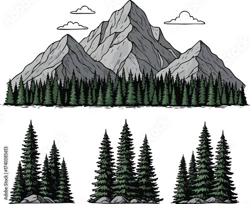 Majestic Mountain Range with Evergreen Forest Illustration 1.