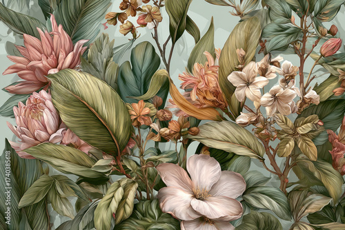 Intricate botanical pattern featuring lush leaves and soft blossoms in muted tones, highlighting natural textures and painterly floral composition for elegant decor and design.