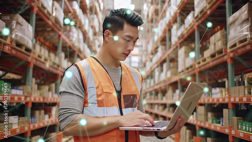 Asian Man in Orange Safety Vest Working on Laptop in Warehouse Analyzing Data under Bright Lighting
