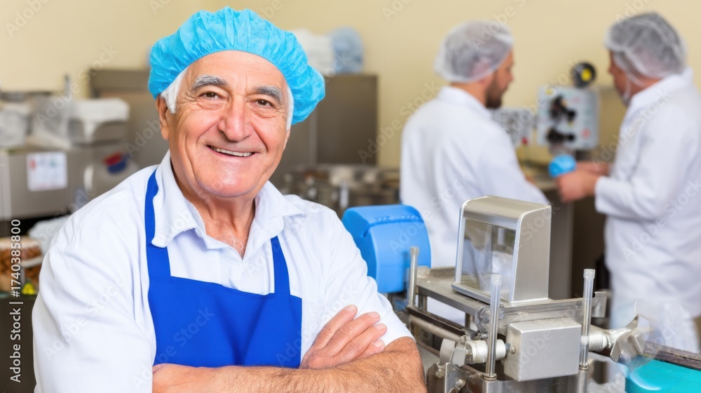 Obraz premium Food processing worker smiles in industrial kitchen capturing culinary passion in a busy production environment