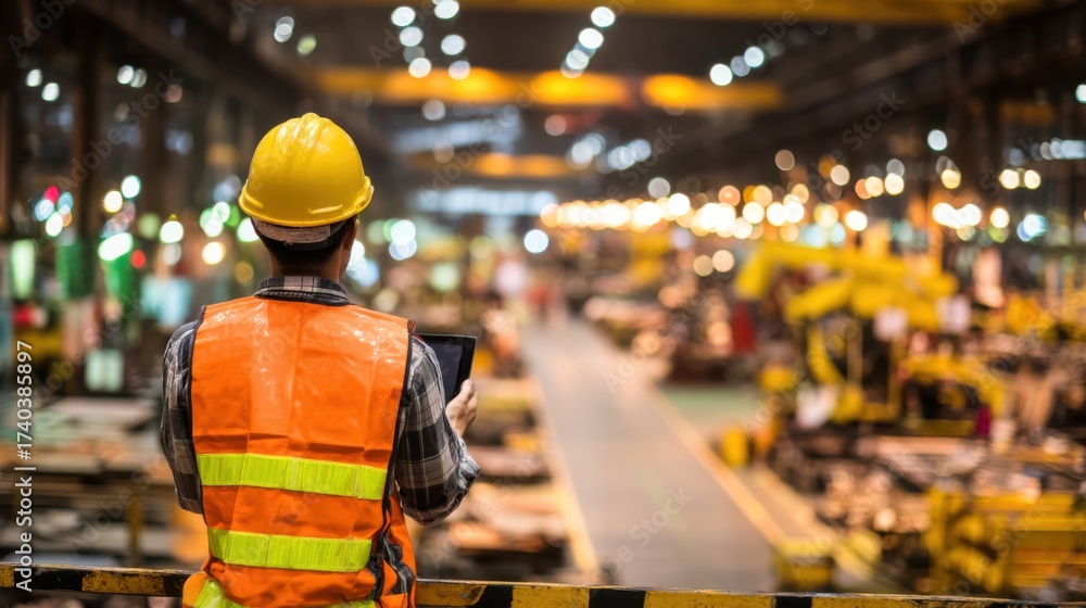 Obraz premium Warehouse safety inspection manufacturing facility action shot industrial environment worker perspective safety management