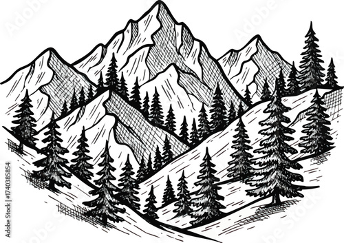 Majestic Mountain Range with Evergreen Trees in HandDrawn Style.