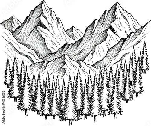 Majestic Mountains and Evergreen Forest A HandDrawn Landscape 1.