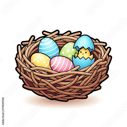 Easter Nest with Colorful Eggs and Chick.