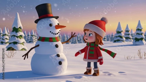 Joyful children enthusiastically build a snowman together on a bright winter day. children playing with snowman