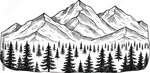 Monochrome Mountain Range and Forest Landscape Illustration.