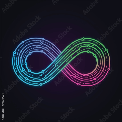 Infinity symbol made of circuit board lines and nodes