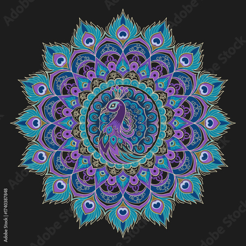 Colorful mandala design featuring peacock and intricate patterns  
