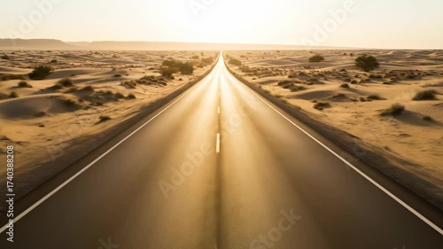 Sunrise Scenic desert road leading to majestic mountains under vibrant