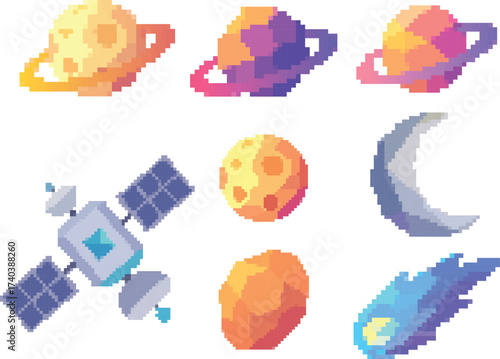 Retro pixel art space icons set 8 bit planets, moons, comets, satellites, rockets, and colorful solar system objects for cosmic game design and astronomy vector collection.