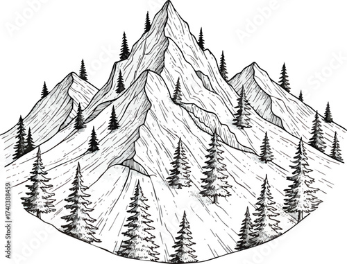 Monochrome Mountain Range with Evergreen Trees Illustration.