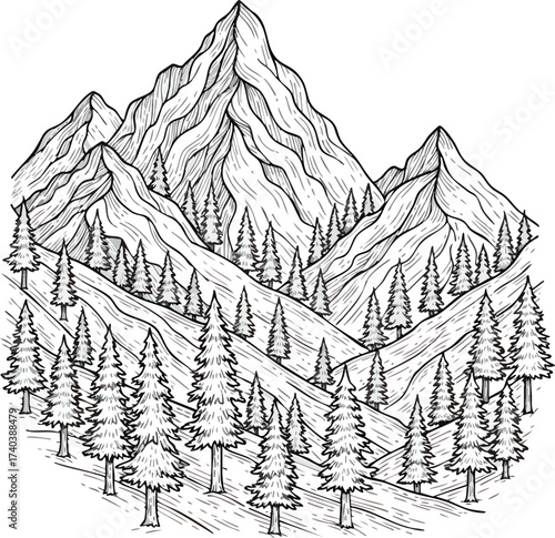 Monochrome Mountain Range with Pine Forest Illustration.