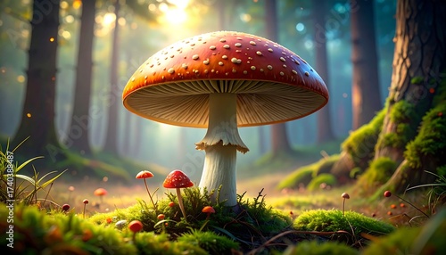 A large red mushroom, surrounded by smaller ones, in a sunlit forest