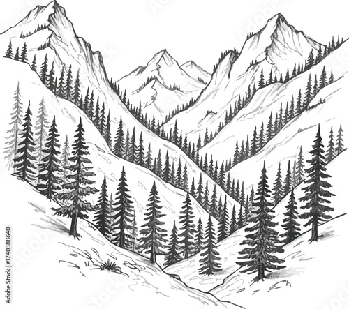 Monochrome Mountain Valley Landscape with Evergreen Trees.