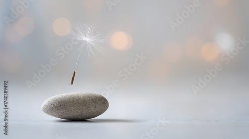Dandelion Seed Floating Above Smooth Gray Stone with Soft Bokeh Background