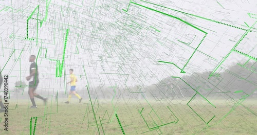On grabbing ball yellow player advancing toward goal on soccer pitch while glitch lines overlaying