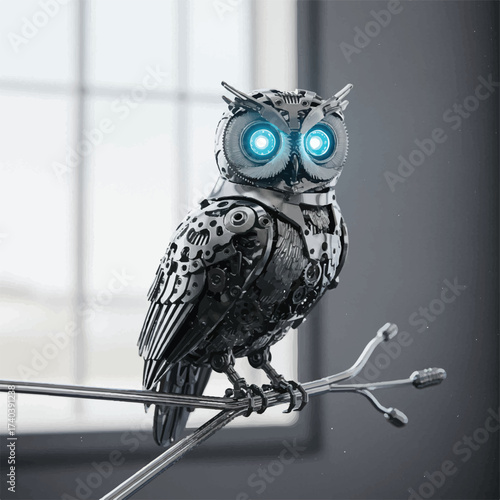 Steampunk owl sculpture with glowing blue eyes on a branch