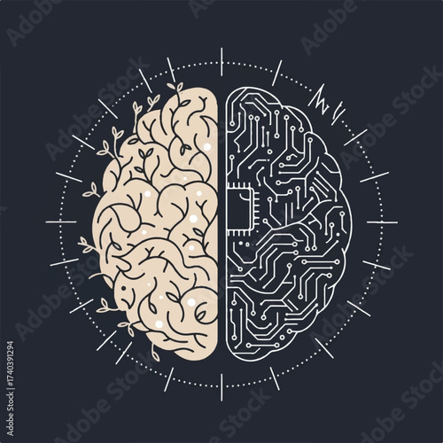 Stylized brain split into organic and circuit halves set in circle