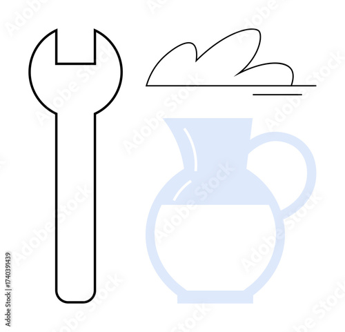 Abstract wrench, loaf of bread, and pitcher blend practicality, nourishment, and minimal form. Ideal for manual work, basic needs, simplicity industry agriculture food and repair concepts. Simple