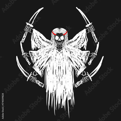 Ghost samurai skull with multiple katanas. Dark gothic warrior spirit vector illustration for tattoo or t-shirt design