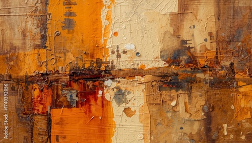 Vibrant Orange and Brown Composition: Exploring Abstract Art Textures on Canvas Through Dynamic Brushstrokes and Innovative Design
