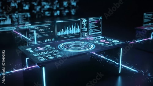 Futuristic Digital Network Hub with Glowing Holographic Data Interfaces.