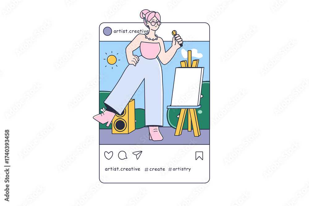 Obraz premium Female Artist with Easel and Paintbrush Illustration on Transparent Background Woman in Tank Top and Pants Outdoors Artwork Hobby Creative Expression