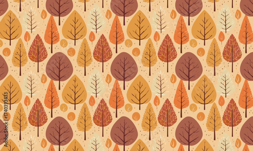 Seamless pattern with stylized autumn forest trees, minimalist fall season background with retro color palette, vector illustration for textile and wallpaper