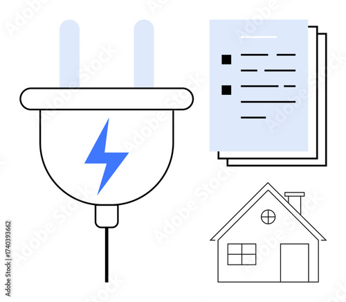 Electric plug with lightning bolt, stack of documents, and house icon. Ideal for energy efficiency, utility bills, home power management, sustainability, energy audits, eco-friendly living renewable