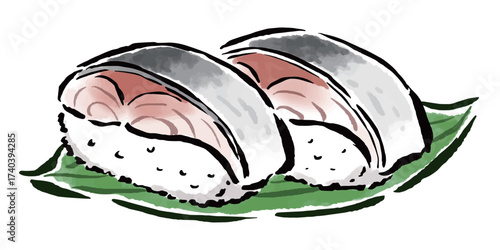 鯖寿司2貫　筆タッチ手描きイラスト