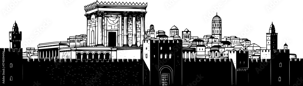Fototapeta premium Black Vector Silhouette: Jerusalem Skyline or Temple Facade 