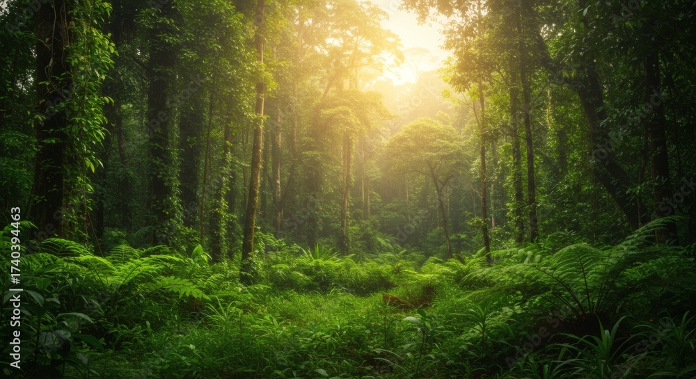 Obraz premium Lush Forest Canopy Sunlight Filtering Through Greenery.
