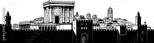 Black Vector Silhouette: Jerusalem Skyline or Temple Facade	