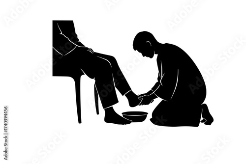 A humble and tender black vector silhouette showing one figure kneeling to wash the feet of another. Conveys servanthood, humility, and love, referencing a key biblical teaching. Isolated on white.	