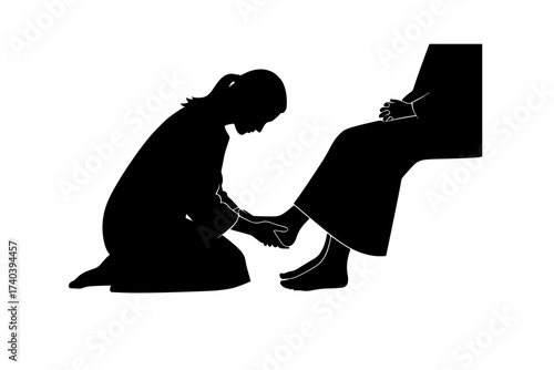 A humble and tender black vector silhouette showing one figure kneeling to wash the feet of another. Conveys servanthood, humility, and love, referencing a key biblical teaching. Isolated on white.	