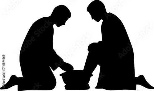 A humble and tender black vector silhouette showing one figure kneeling to wash the feet of another. Conveys servanthood, humility, and love, referencing a key biblical teaching. Isolated on white.	