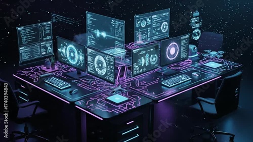 Futuristic High Tech Command Center with Multiple Monitors.