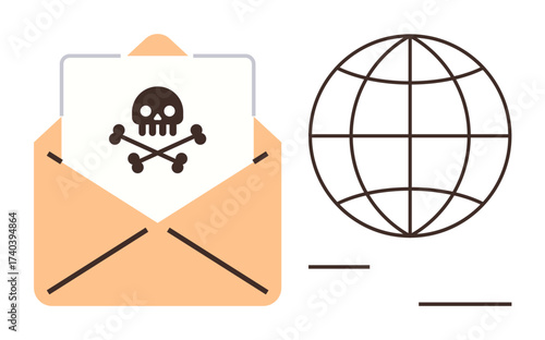 Open envelope with skull and crossbones, symbolizing malware, next to a globe grid. Ideal for cybersecurity, phishing, online security, global risk, digital awareness, internet threats simple flat
