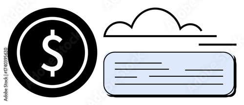 Dollar sign representing finance next to a cloud and document, merging financial technology and cloud storage. Ideal for savings, investment, digital banking, fintech, automation, online