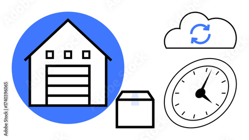 Warehouse building, package, clock for time optimization, cloud with sync arrows. Ideal for logistics, inventory, supply chain, storage delivery automation business efficiency. Simple flat