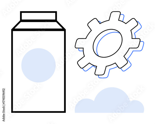 Milk carton, gear, and cloud as interconnected elements. Ideal for food industry, production process, sustainability, technology, innovation logistics conceptual design. Minimal style simple flat