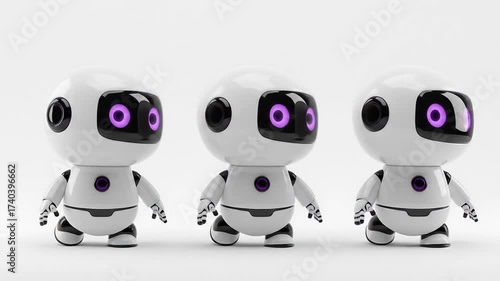 Three adorable AI robots line up, promising a future of friendly technology in a sleek, modern design perfect for innovative branding and digital marketing