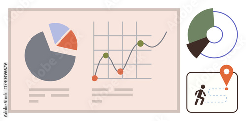 Pie chart, line graph with nodes, and pinpoint map icon symbolize data analysis, tracking, and business insights. Ideal for analytics, strategy, research, growth statistics reports simple flat